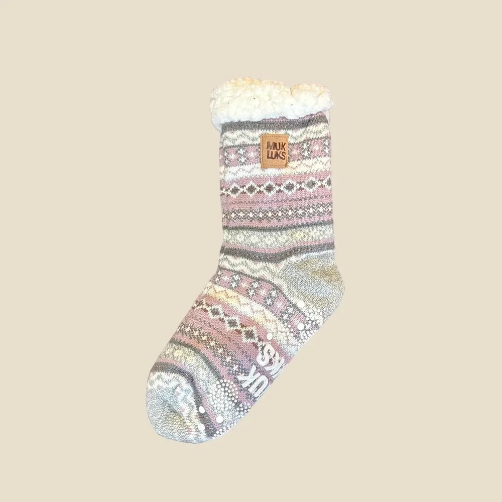 Muk Luks Womens Cabin Socks Pink Fair Isle Faux ShearlingLined Slipper Socks S/M